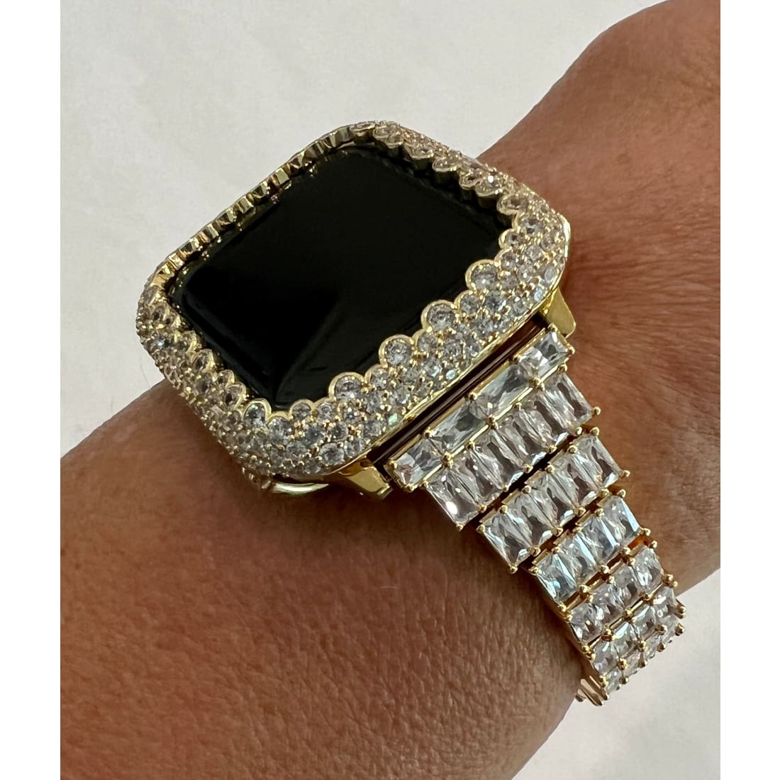 41mm 45mm 49mm Ultra Apple Watch Yellow Gold Custom Baguette Band Crystals & or Diamond Bezel Cover Smartwatch Bling Series 1-8 - 45mm apple