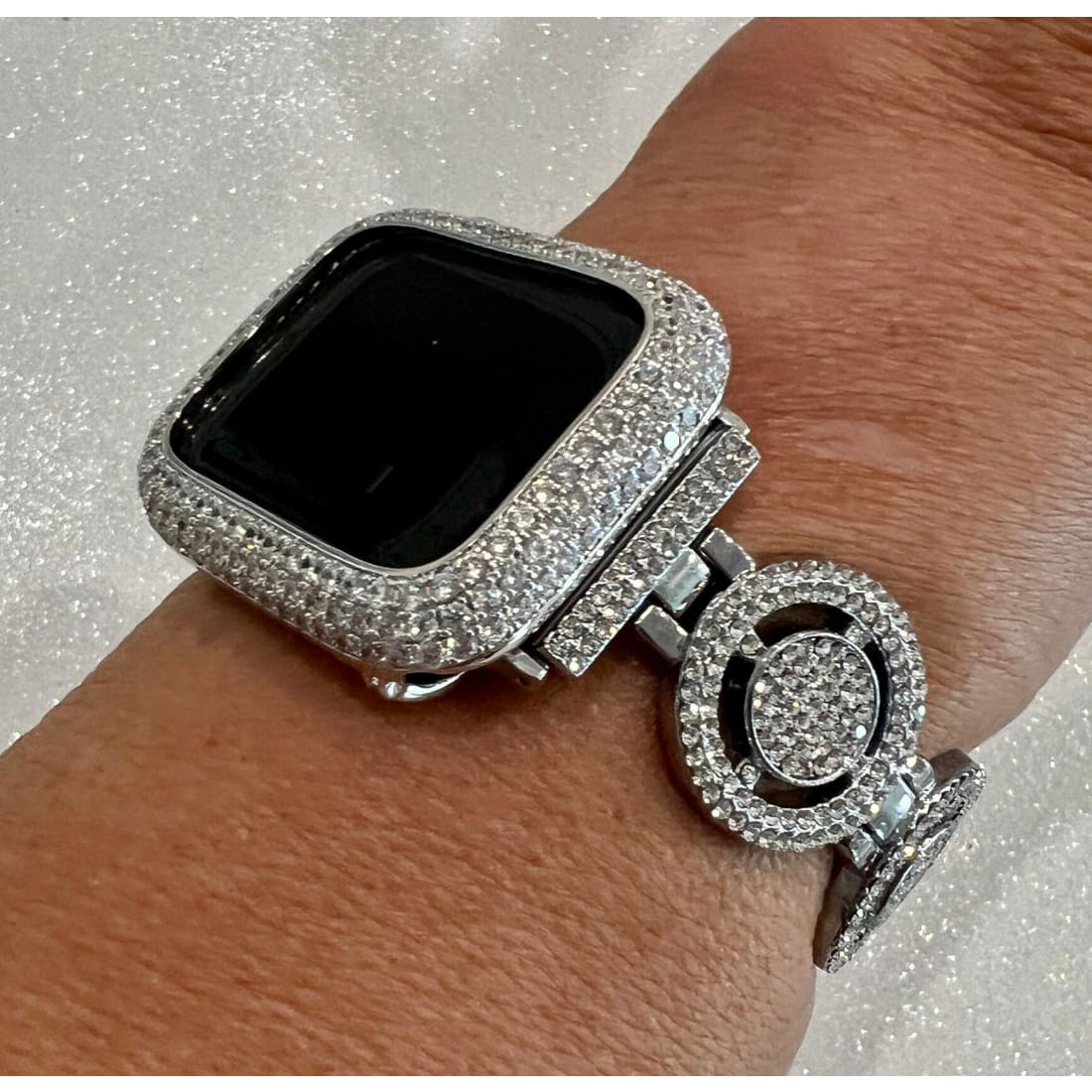 Apple Watch Band 41mm 45mm 49mm Ultra Silver Pave Swarovski Crystals & or Apple Watch Cover Case Smartwatch Bumper Bling 38mm-45mm S1-8 -