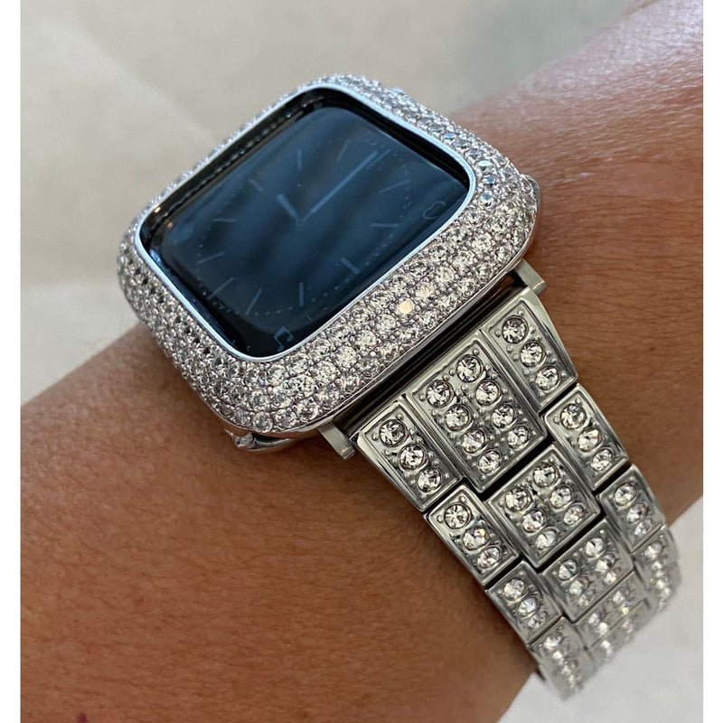 Apple Watch Band 41mm 45mm 49mm Ultra Silver Swarovski Crystals & or Apple Watch Cover Lab Diamond Bezel Smartwatch Bumper 38mm-44mm - 41mm