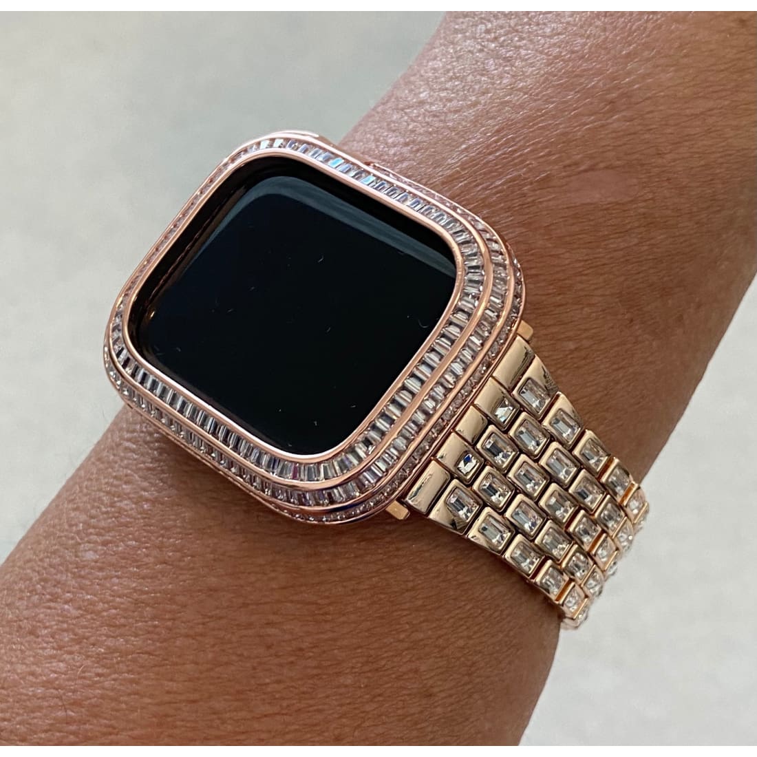 Apple Watch Band 41mm Rose Gold Swarovski Crystal Baguettes 40mm-45mm & or Apple Watch Cover Lab Diamond Bezel Smartwatch Case Iwatch Candy