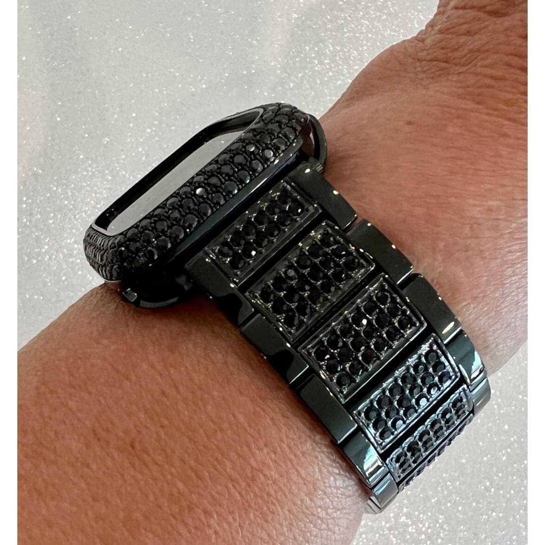 Apple Watch Band Black on Black 38mm 40mm 41mm 42mm 44mm 45mm 49mm Ultra Swarovski Crystals & or Apple Watch Cover Lab Diamond Bezel Case -