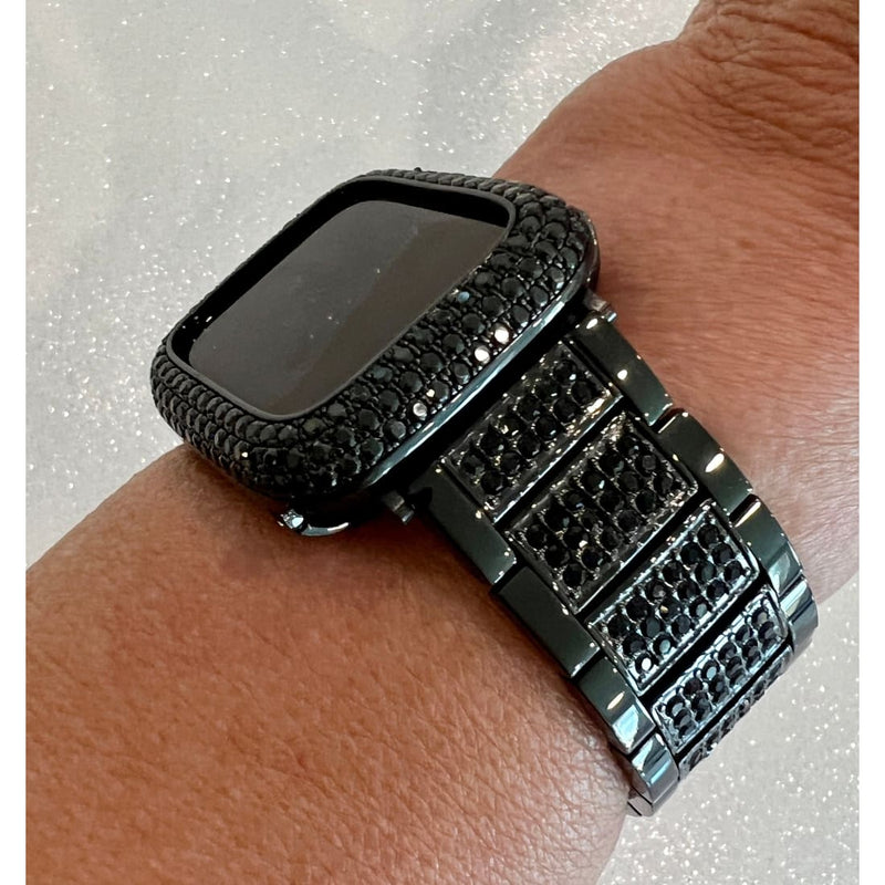 Apple Watch Band Black on Black 38mm 40mm 41mm 42mm 44mm 45mm 49mm Ultra Swarovski Crystals & or Apple Watch Cover Lab Diamond Bezel Case -