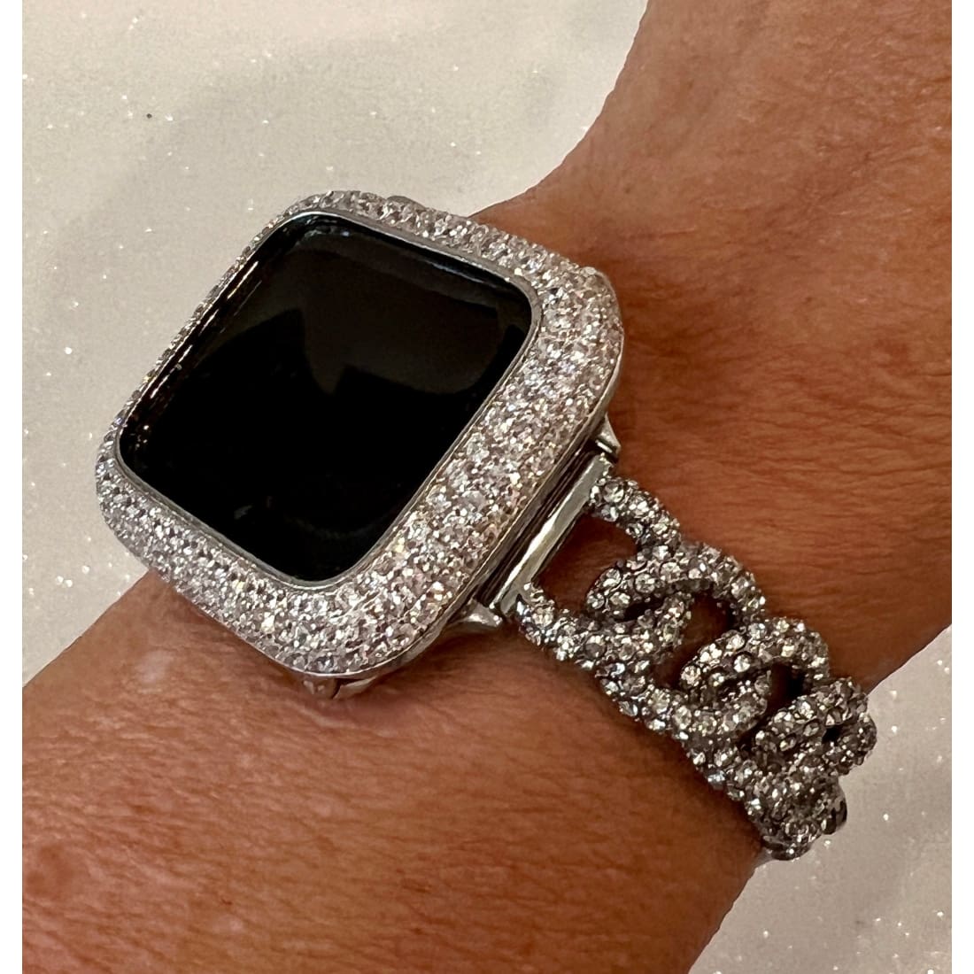 Apple Watch Band Women Designer Swarovski Crystal Silver Chain Style & or Apple Watch Cover Iwatch Bumper Iwatch Candy Bling 38mm-49mm Ultra