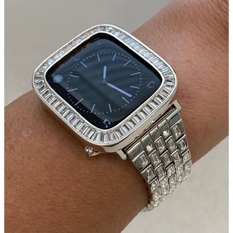 Custom Silver Apple Watch Band Swarovski Crystal Baguettes 38 40 41 42 44 45mm & or Baguette Lab Diamond Bezel Cover Series 2-8 SE - 40mm