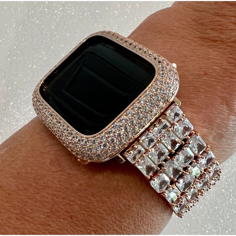 Designer Apple Watch Band Woman Baguette & Radiant Cut Swarovski Crystals Rose Gold and or Apple Watch Cover Lab Diamond Bezel 38mm-49mm -