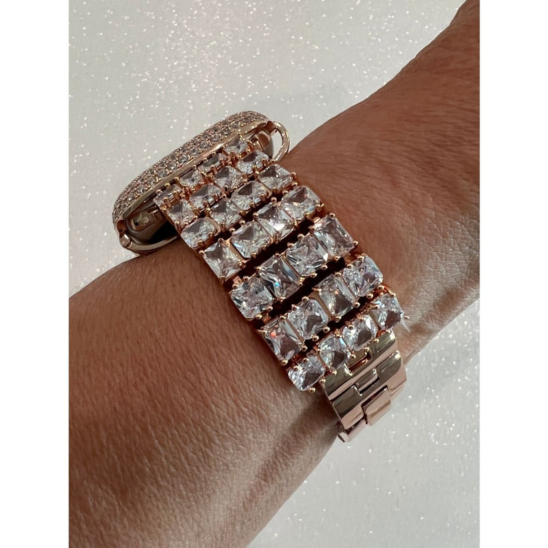 Designer Apple Watch Band Woman Baguette & Radiant Cut Swarovski Crystals Rose Gold and or Apple Watch Cover Lab Diamond Bezel 38mm-49mm -