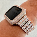 Designer Apple Watch Band Woman Baguette & Radiant Cut Swarovski Crystals Rose Gold and or Apple Watch Cover Lab Diamond Bezel 38mm-49mm -