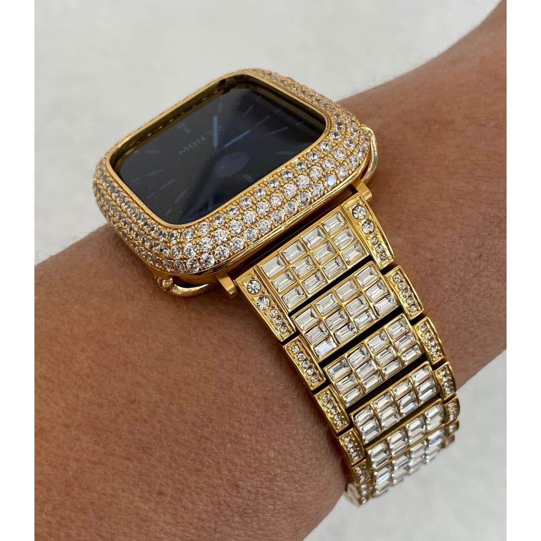 Gold Apple Watch Band 45mm Swarovski Crystal Baguettes & or Apple Watch Cover Lab Diamond Bezel Case Bling 38mm-49mm Ultra S1-8 - 45mm apple