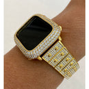 Gold Apple Watch Band Series 1-8 SE Swarovski Crystal 38mm 40mm 41mm 42mm 44mm 45mm & or Pave Lab Diamond Bezel Cover Bling for Smartwatch -