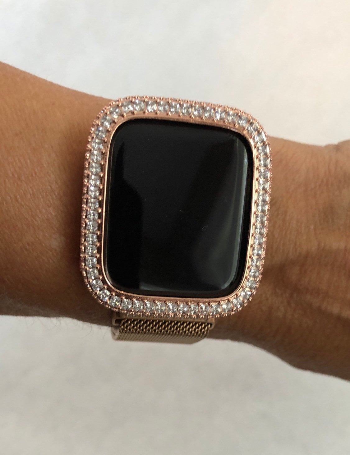 Bling Apple Watch Bezel Cover 40mm 44mm Rose Gold with Square & Pave 2.5mm Lab Diamonds Smartwatch Bumper Case Bling