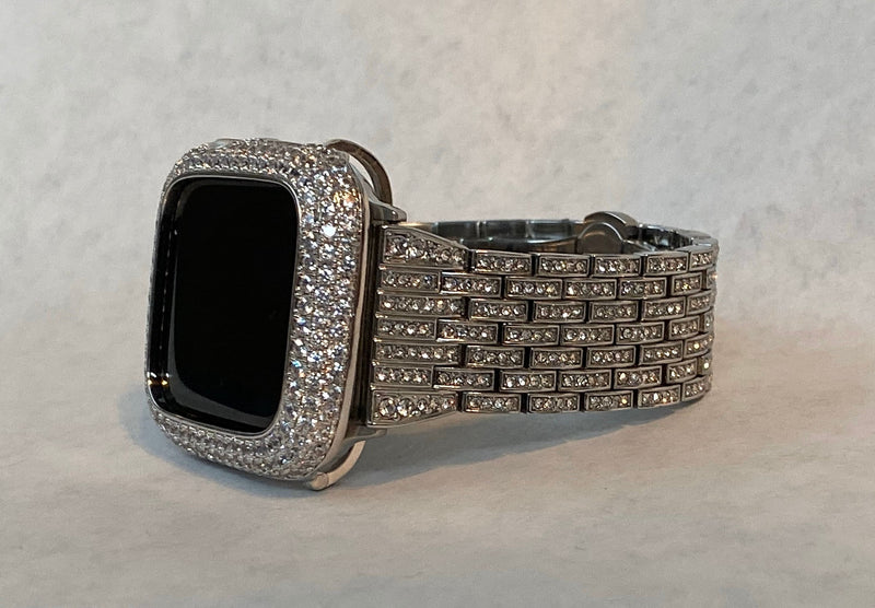 Dressy Silver Apple Watch Band Woman 38mm & or Apple Watch Cover Lab Diamond Bezel Bling 38mm-49mm Ultra Series 1-8