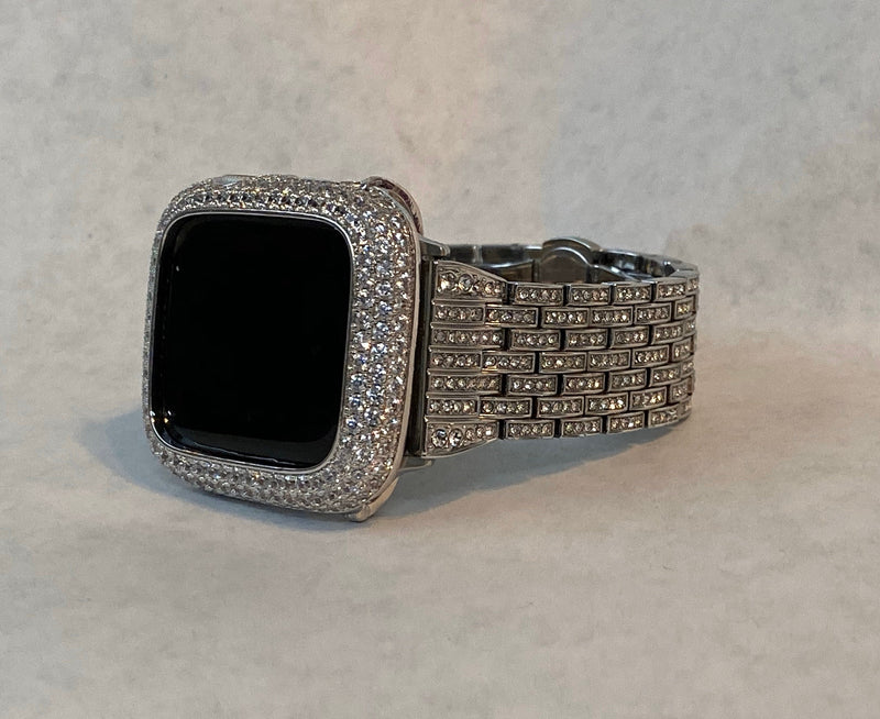 Dressy Silver Apple Watch Band Woman 38mm & or Apple Watch Cover Lab Diamond Bezel Bling 38mm-49mm Ultra Series 1-8