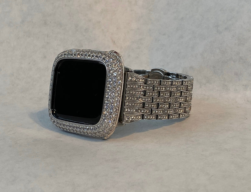 Dressy Silver Apple Watch Band Woman 38mm & or Apple Watch Cover Lab Diamond Bezel Bling 38mm-49mm Ultra Series 1-8