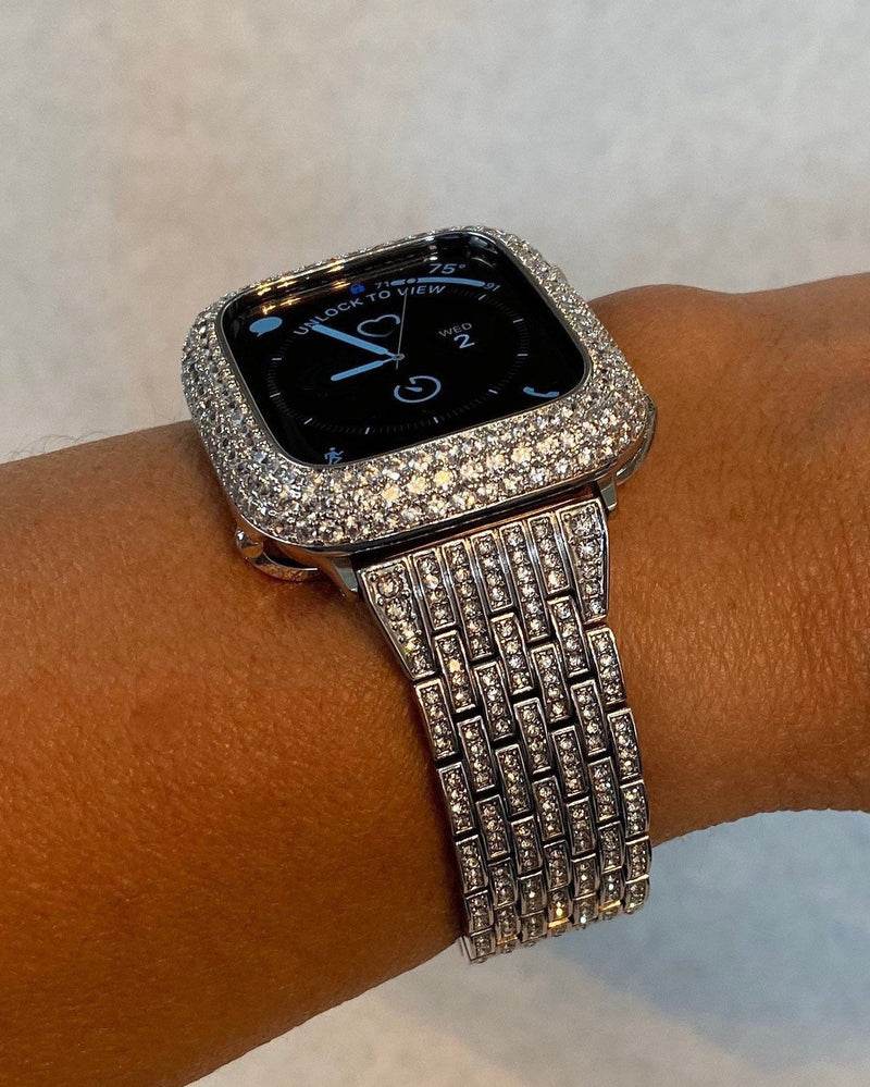 Iced Out Designer Silver Apple Watch Band Woman 45mm & or Apple Watch Cover Lab Diamond Bezel Protective Bumper Case Bling 38mm-49mm Ultra Series 1-8 from Iwatch Candy