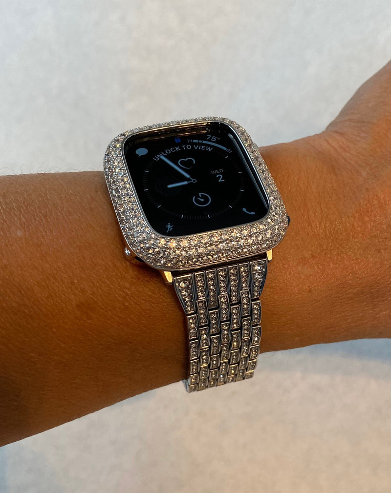 41mm 45mm Apple Watch Band Silver Swarovski Crystals & or Smartwatch Lab Diamond Bezel Cover Bling Series 8