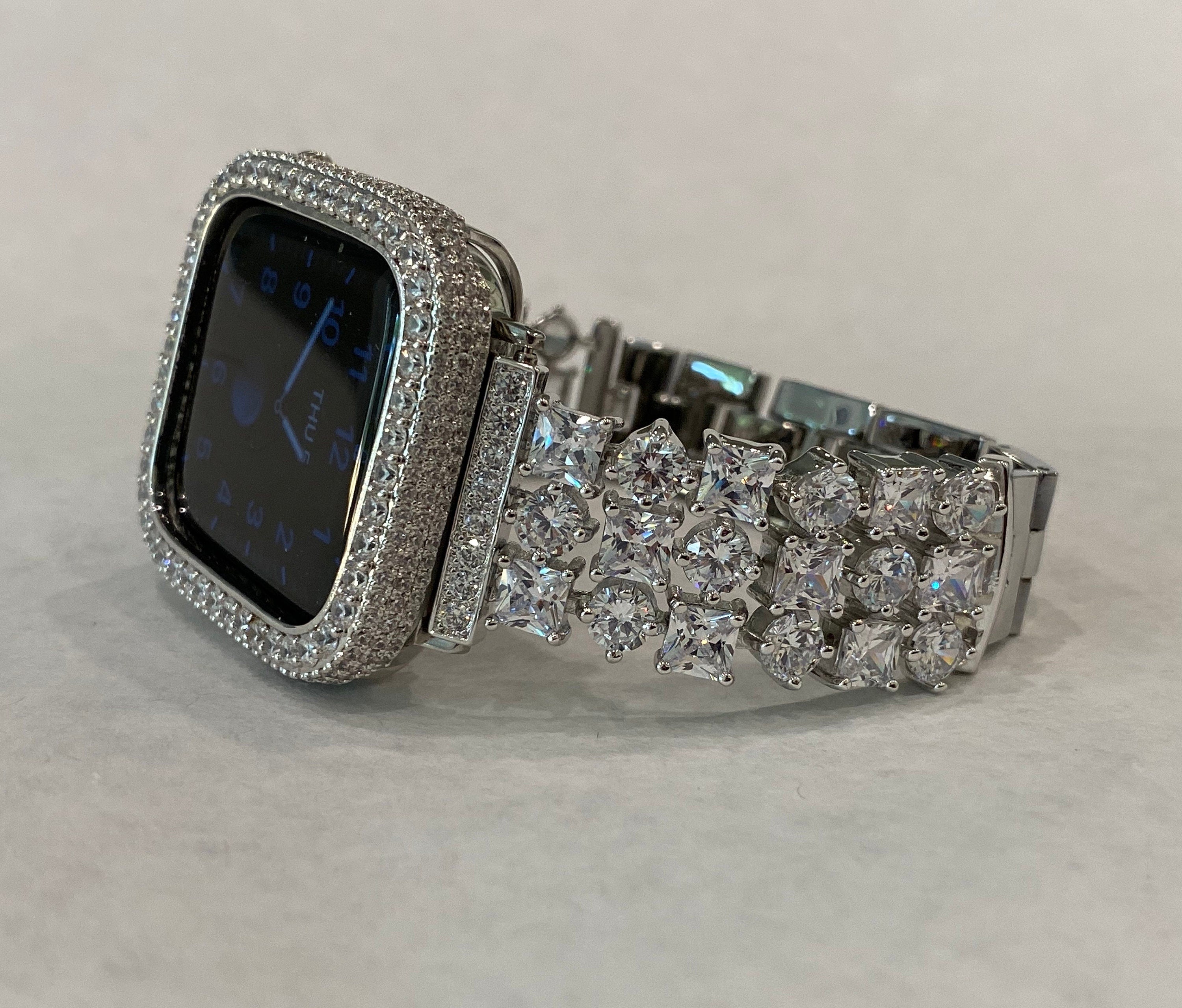 Apple Watch Band 49mm Ultra Silver Swarovski Crystals & or Apple Watch Cover Lab Diamond Bezel Case 38mm-45mm Iwatch Candy 38mm-49mm Ultra