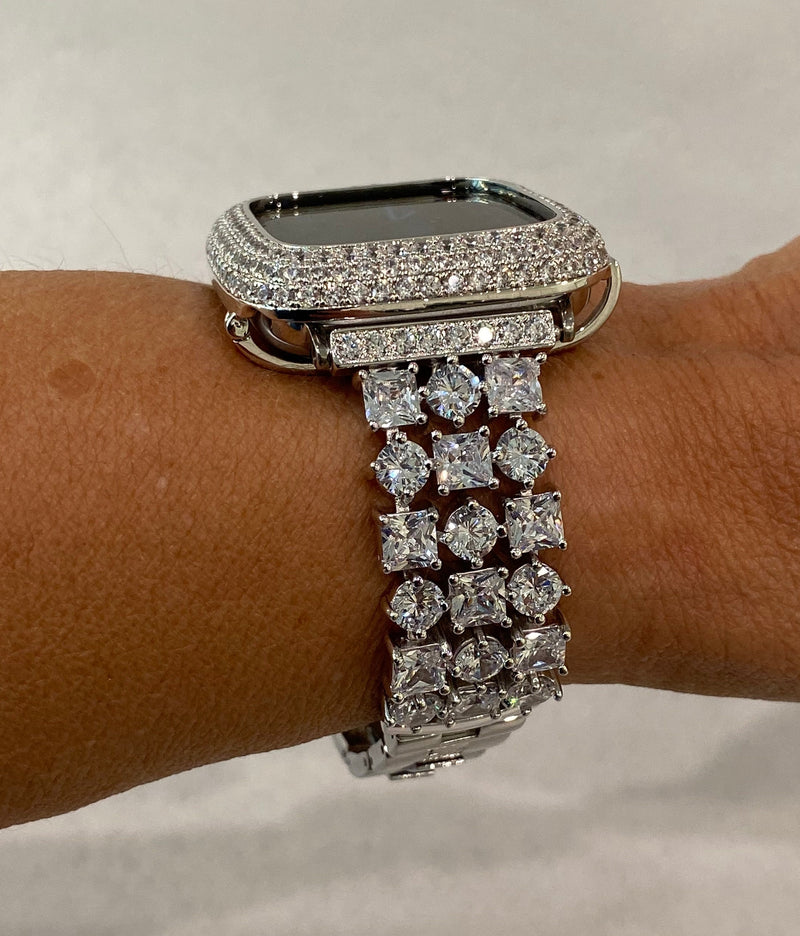 Series 1-8 Apple Watch Band 41mm 45mm Swarovski Crystals & or Lab Diamond Bezel Case Bumper for Smartwatch Bling Silver