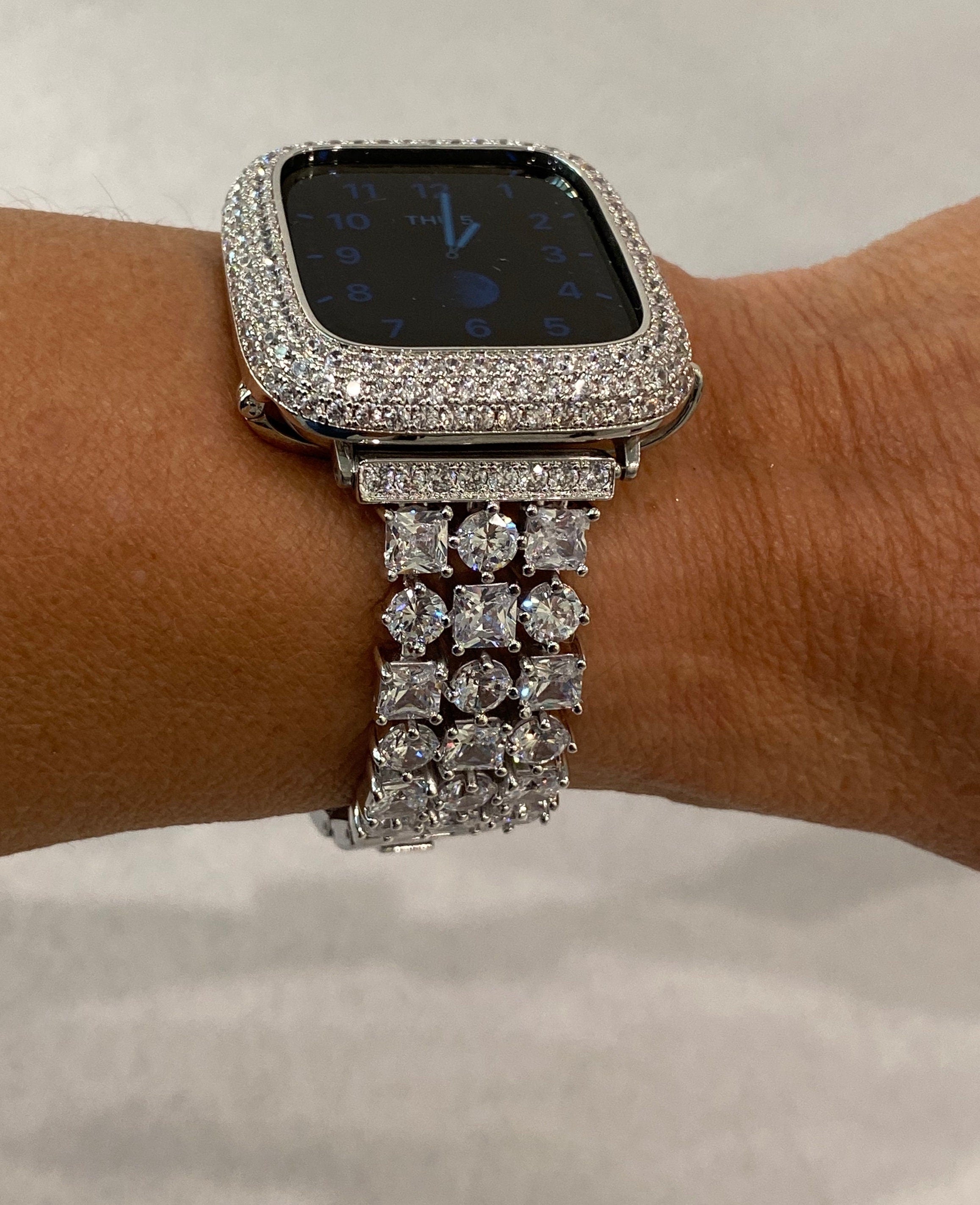 Custom Apple Watch Band Women Silver Swarovski Crystals & or Apple Watch Cover Bezel Lab Diamond 38mm 40mm 42mm 44mm 41mm 45mm 49mm Ultra