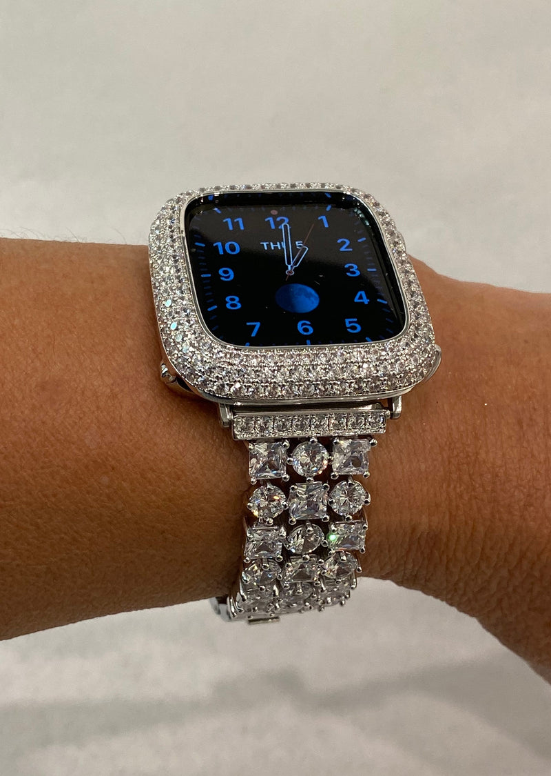 Series 1-8 Apple Watch Band 41mm 45mm Swarovski Crystals & or Lab Diamond Bezel Case Bumper for Smartwatch Bling Silver