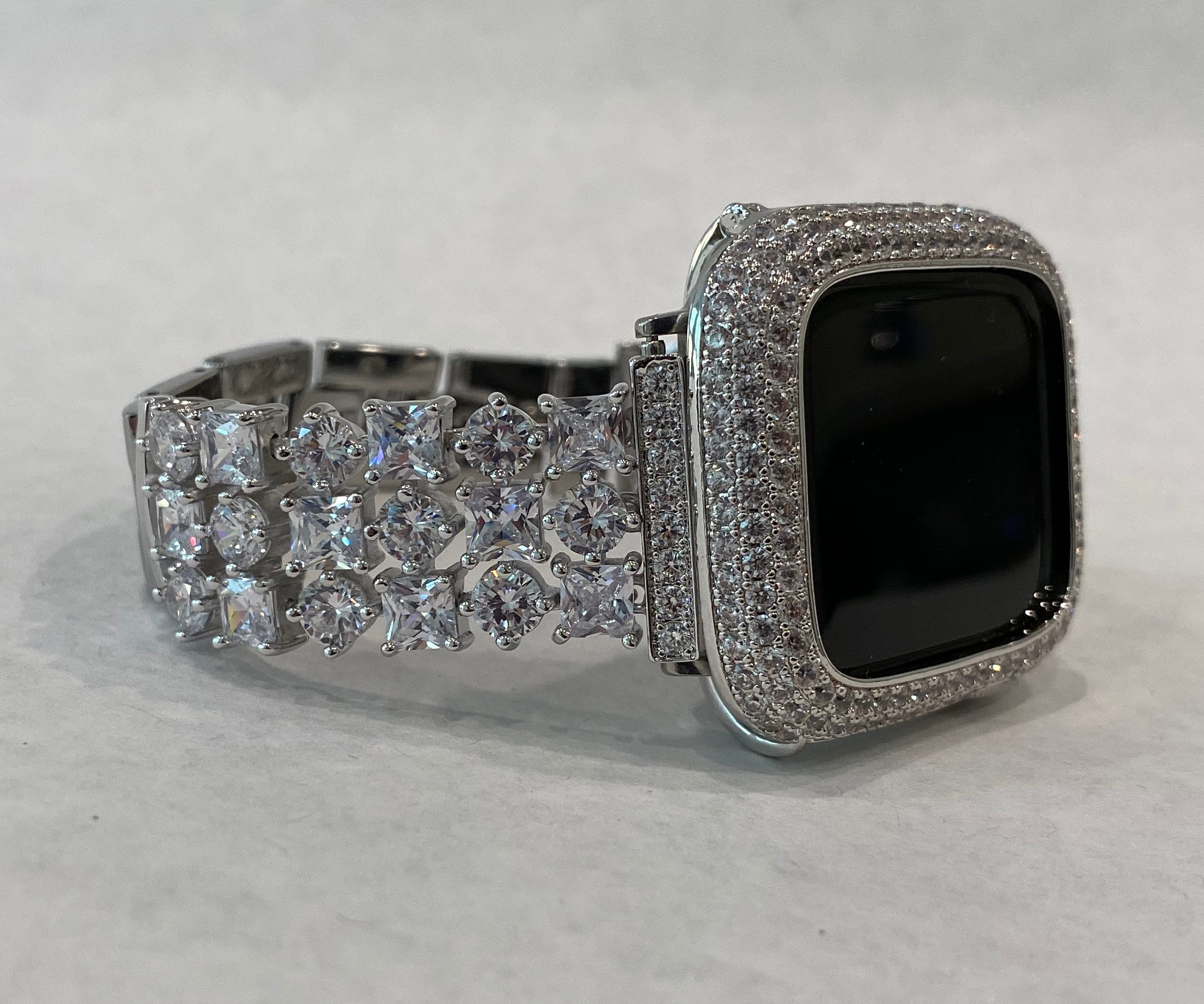 Custom Apple Watch Band Women Silver Swarovski Crystals & or Apple Watch Cover Bezel Lab Diamond 38mm 40mm 42mm 44mm 41mm 45mm 49mm Ultra