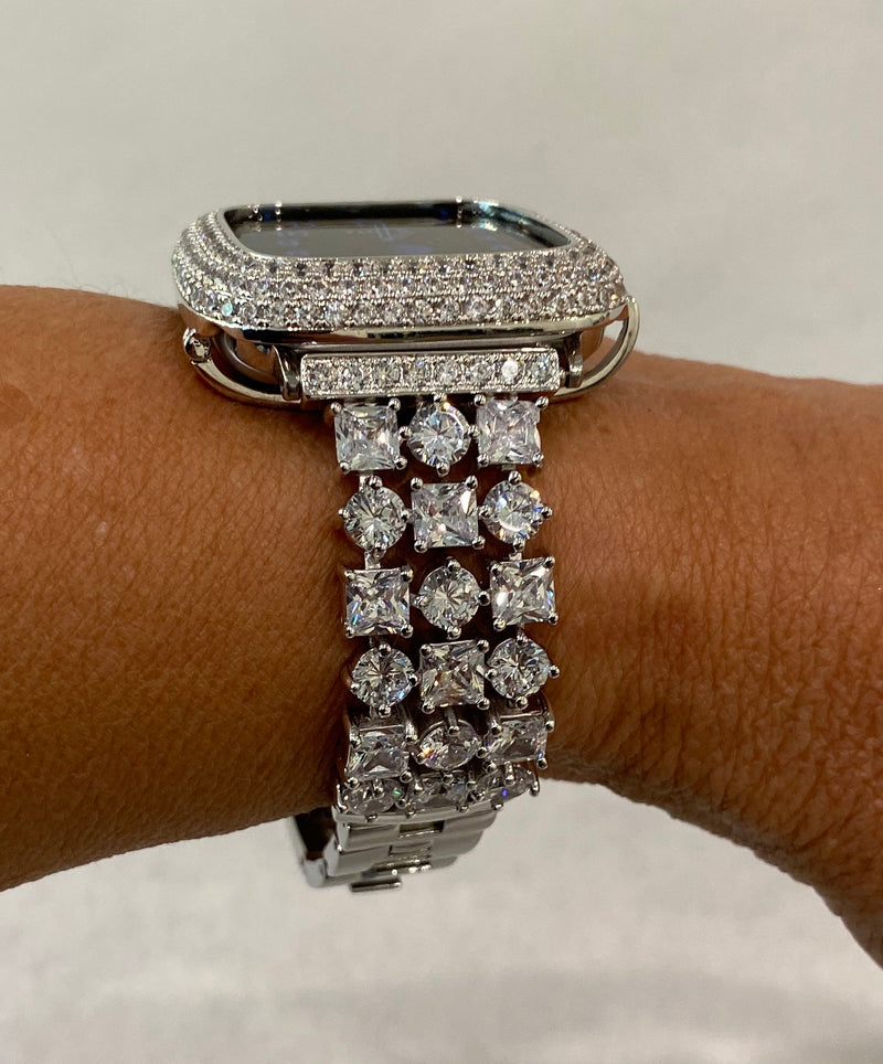 Series 1-8 Apple Watch Band 41mm 45mm Swarovski Crystals & or Lab Diamond Bezel Case Bumper for Smartwatch Bling Silver