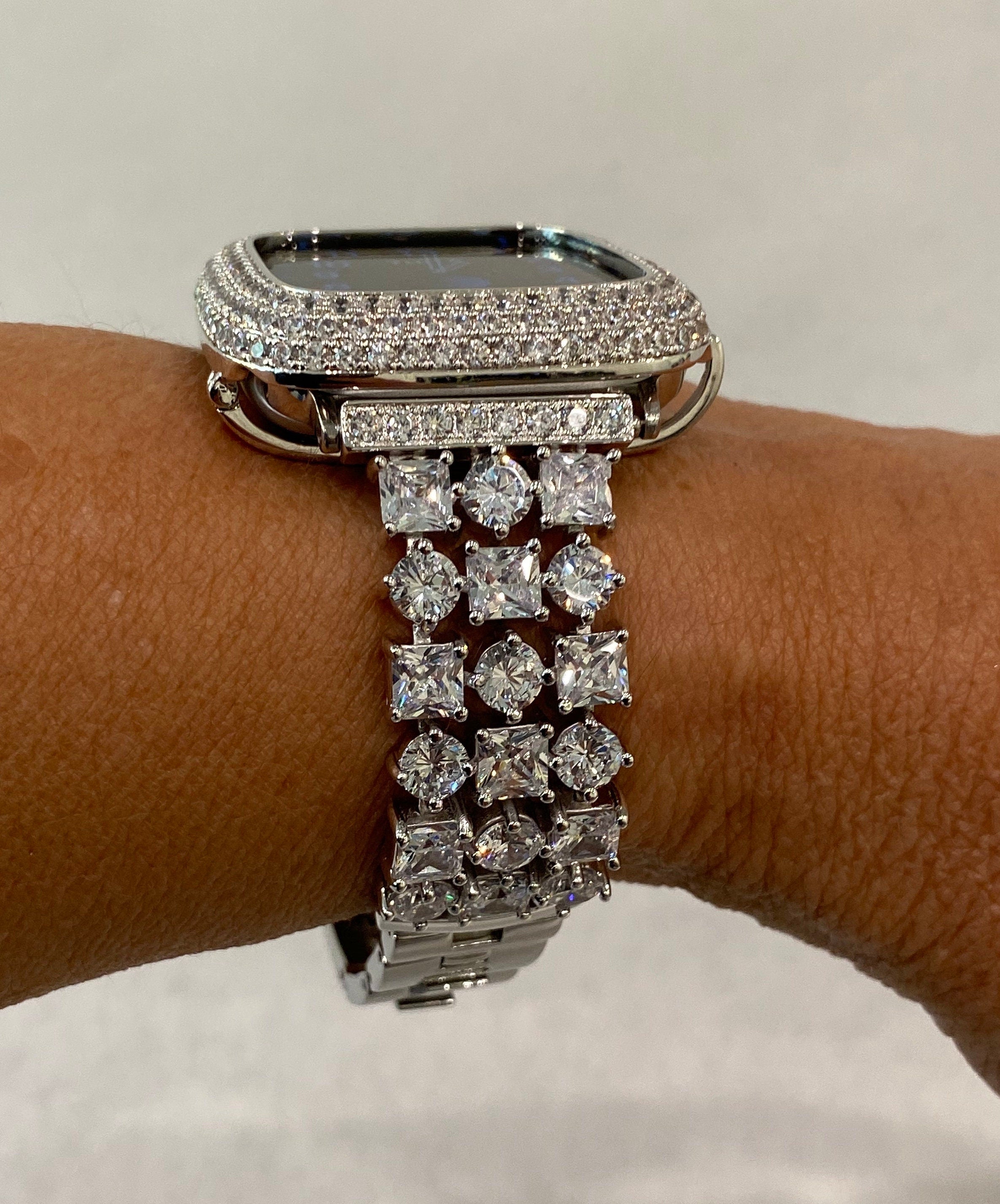 Custom Apple Watch Band 44mm Woman Silver Swarovski Crystal & or Apple Watch Cover Lab Diamond Bezel Bling 38mm-49mm Ultra Apple Watch Case