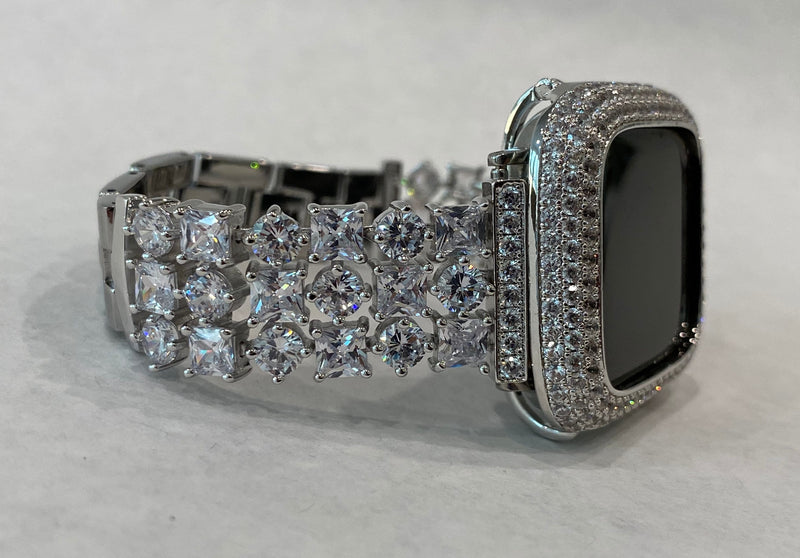 Series 1-8 Apple Watch Band 41mm 45mm Swarovski Crystals & or Lab Diamond Bezel Case Bumper for Smartwatch Bling Silver