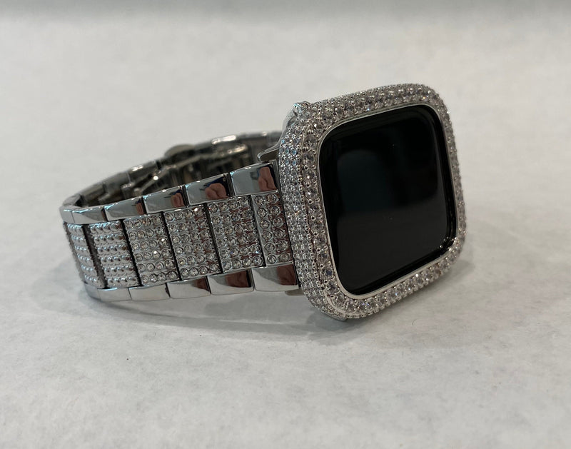 Series 9 Apple Watch Band Series 41mm 45mm 49mm Ultra Silver Crystals & or Lab Diamond Bezel Cover Smartwatch Bling 38 40 42 44mm