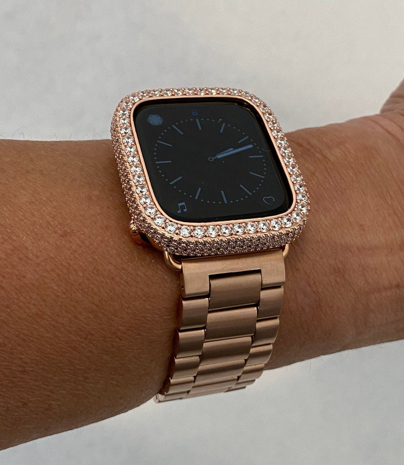 Rose Gold Apple Watch Band Stainless Steel & or Apple Watch Cover Lab Diamond Bezel Apple Watch Case Bumper Bling 38mm-49mm Series 2-9