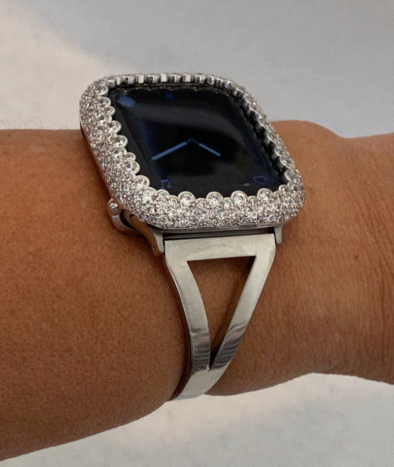 Apple Watch Band Silver Bracelet Bangle and or Apple Watch Cover Lab Diamond Bezel Iwatch Bumper Case sb1