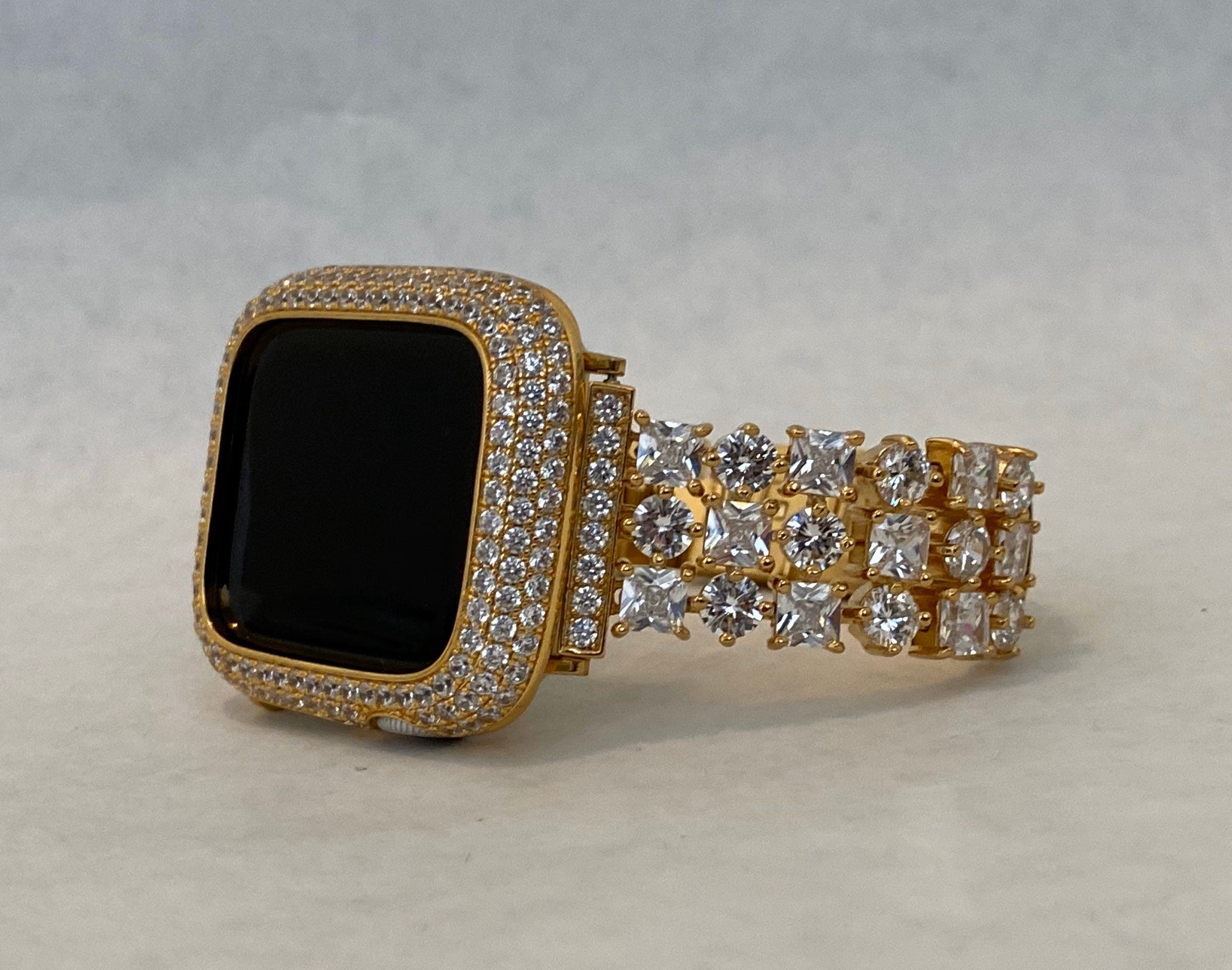 Gold Apple Watch Band Swarovski Crystal 38mm-49mm Ultra & or Apple Watch Cover Lab Diamond Bezel Apple Watch Case Iwatch Candy Bling