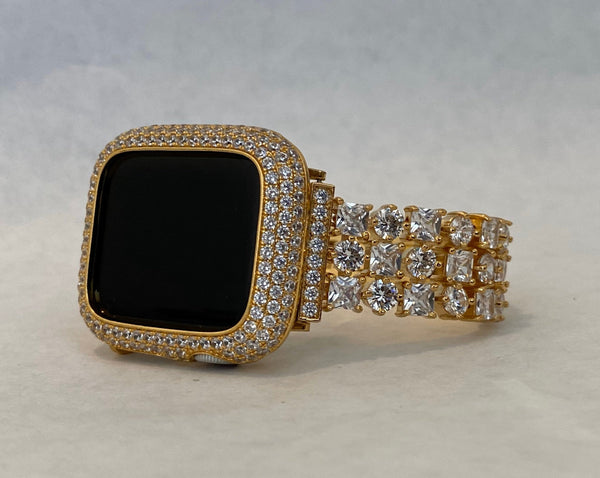 High End Luxury Gold Apple Watch Band Womens with Swarovski Crystals in sizes 38mm-49mm Ultra & or Apple Watch Cover with Lab Diamonds Protective Bezel Case Smartwatch Bumper Bling by Iwatch Candy