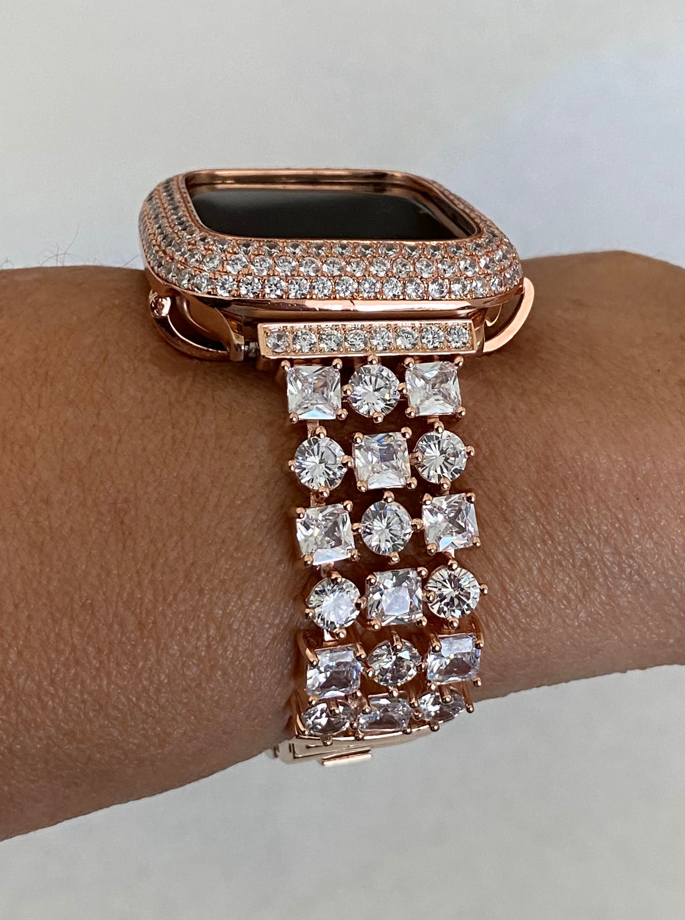 Apple Watch Band 49mm Ultra Swarovski Crystals Rose Gold & or Apple Watch Cover Lab Diamond Bezel Apple Watch Case Bumper Bling 38mm-46mm