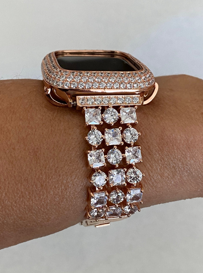 Apple Watch Band 49mm Ultra Crystals Rose Gold & or Apple Watch Cover Lab Diamond Bezel Apple Watch Case Bumper Bling 38mm-45mm