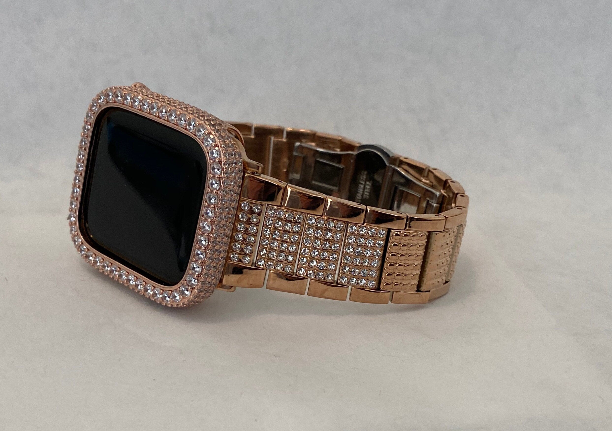 Rose Gold Apple Watch Band Stainless Steel Swarovski Crystal & or Apple Watch Case Lab Diamond Iphone Watch Cover 38mm-49mm Ultra Bling Band