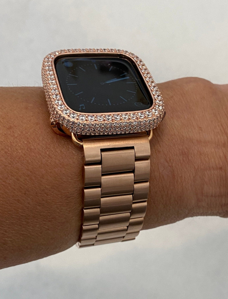 Rose Gold Apple Watch Band Stainless Steel & or Apple Watch Cover Lab Diamond Bezel Apple Watch Case Bumper Bling 38mm-49mm Series 2-9