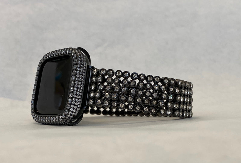 Black Apple Watch Band 41mm 45mm & or Lab Diamond Bezel Cover Iwatch Bling 38mm 42mm 44mm 40mm Series 2-9 SE