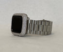 Silver Apple Watch Band Link Style 38mm-49mm Ultra & or Iphone Apple Watch Case Lab Diamond Bezel Cover Smartwatch Bumper Bling Series 1-9