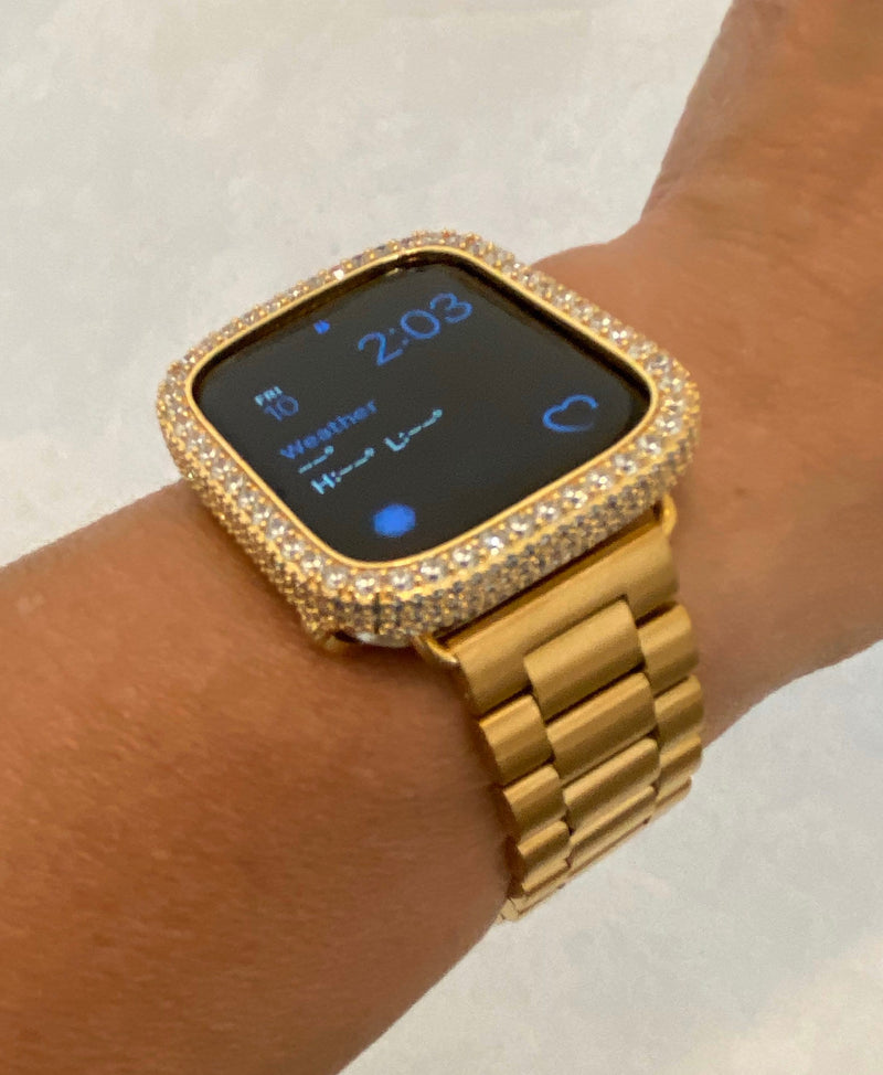 Custom Apple Watch Band Gold Rolex Style 41mm 45mm and or Iced Out Lab Diamond Bezel Cover Iwatch Band Series 7-8 Gift for Him