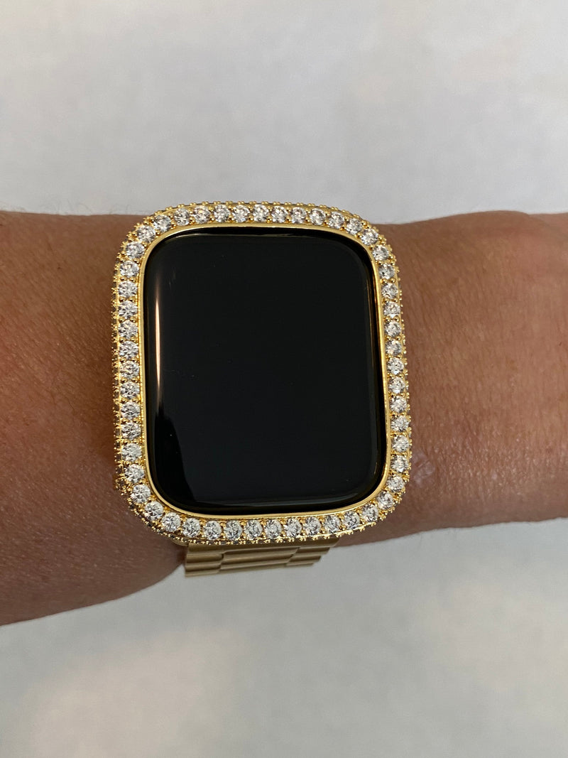 Custom Apple Watch Band Gold Rolex Style 41mm 45mm and or Iced Out Lab Diamond Bezel Cover Iwatch Band Series 7-8 Gift for Him