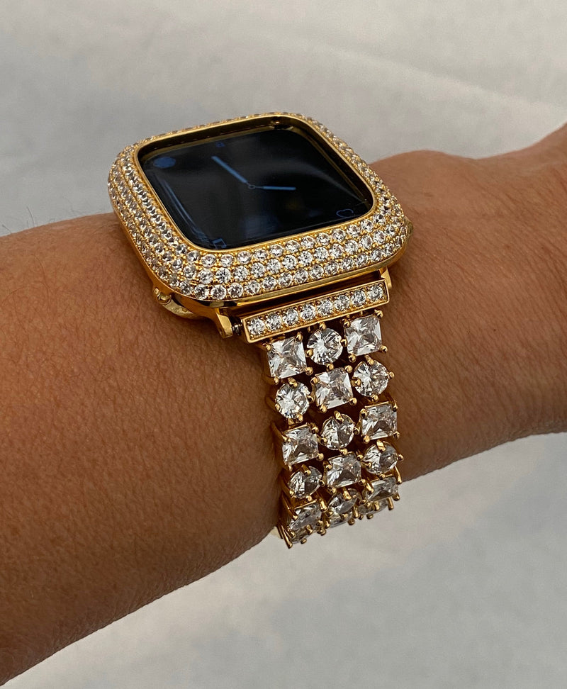 Gold Apple Watch Band Crystal 38mm-49mm Ultra & or Apple Watch Cover Lab Diamond Bezel Apple Watch Case Iwatch Candy Bling