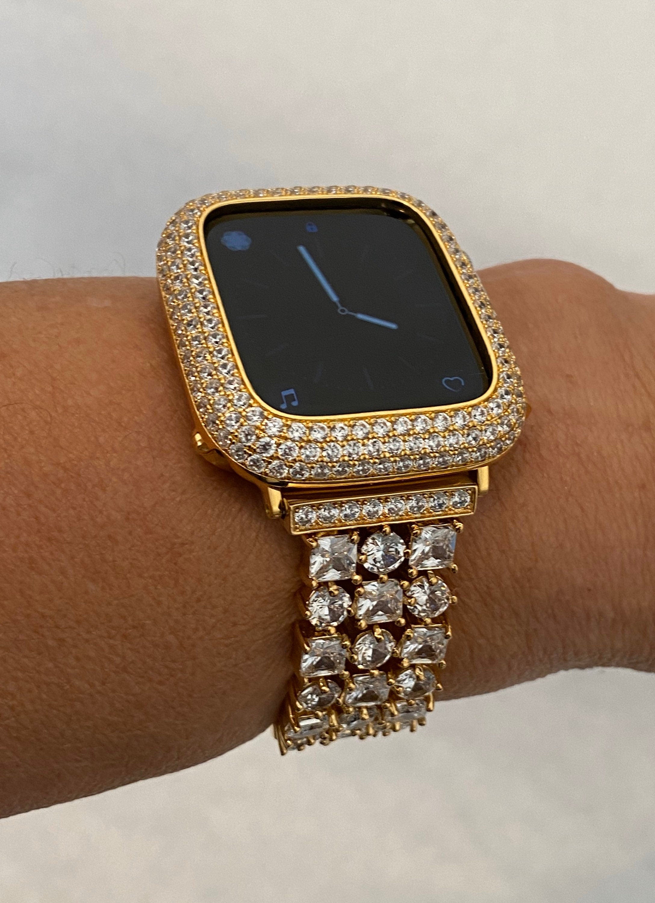 Gold Apple Watch Band Swarovski Crystal 38mm-49mm Ultra & or Apple Watch Cover Lab Diamond Bezel Apple Watch Case Iwatch Candy Bling