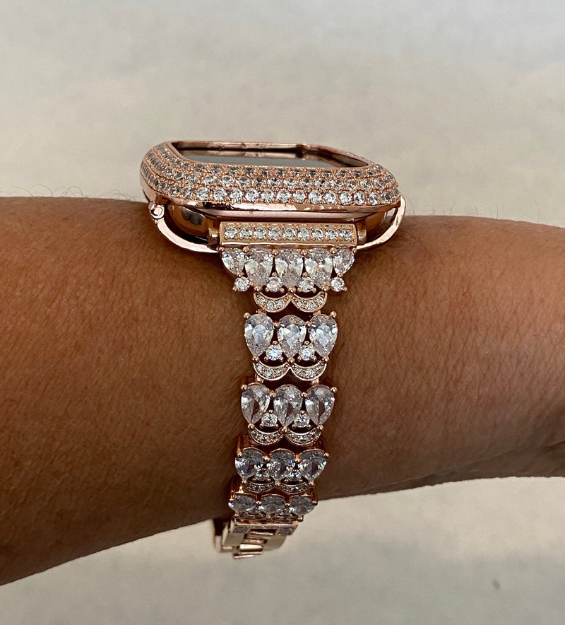 Series 7-8 41mm 45mm Apple Watch Band Rose Gold Swarovski Crystals & or Lab Diamond Bezel Cover Smartwatch Bumper Case 38-45mm S1-7