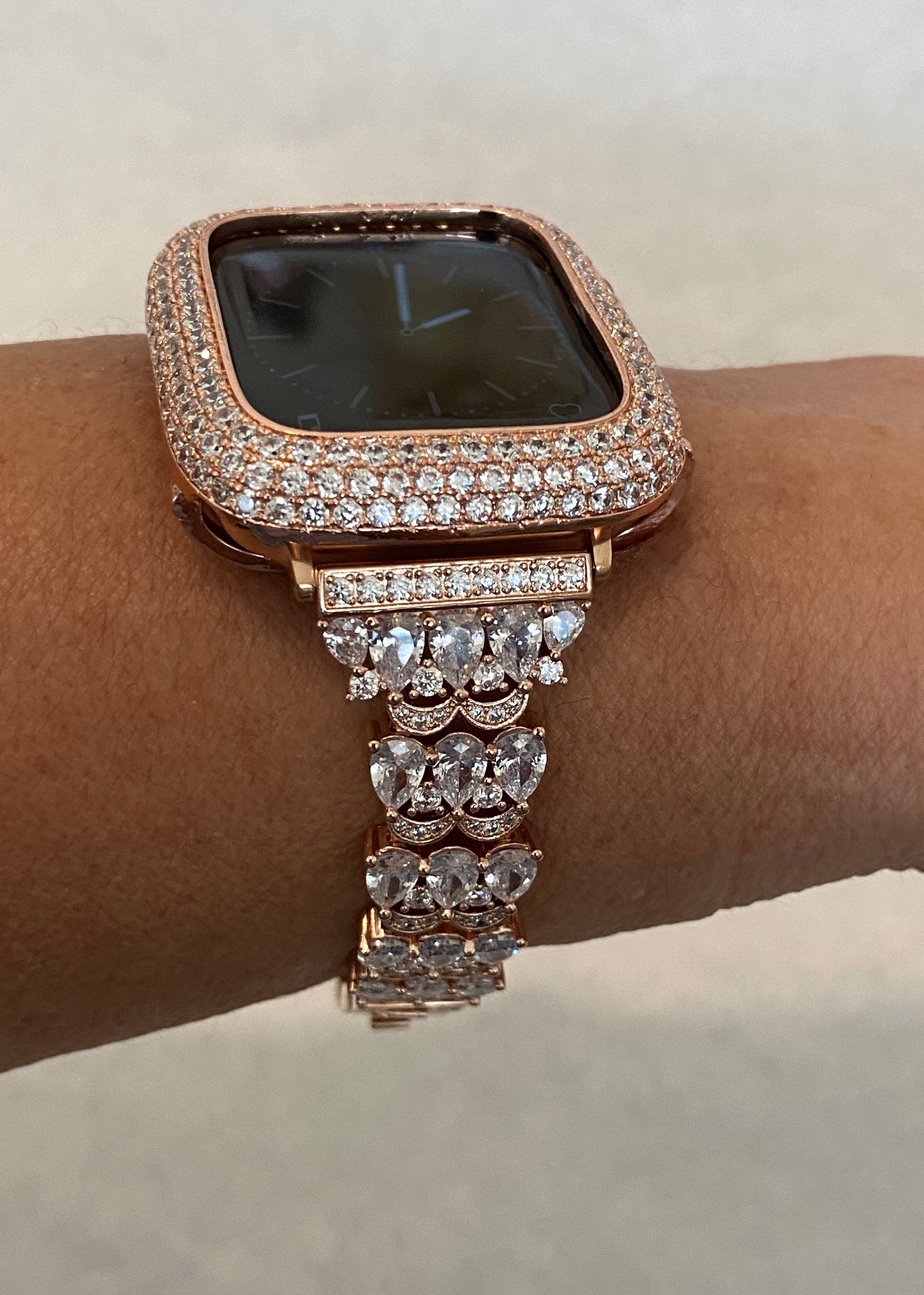 Apple Watch Band Rose Gold Crystals & or Apple Watch Cover Lab Diamond Bezel Case Smartwatch Bumper Case 38-49mm Ultra