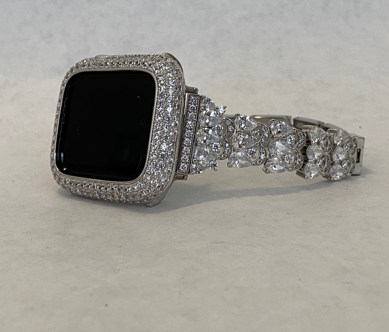 White Gold Apple Watch Band 41mm Bling & or Silver Lab Diamond Bezel Cover 38 40 42 44 45mm Series 1-8 SE