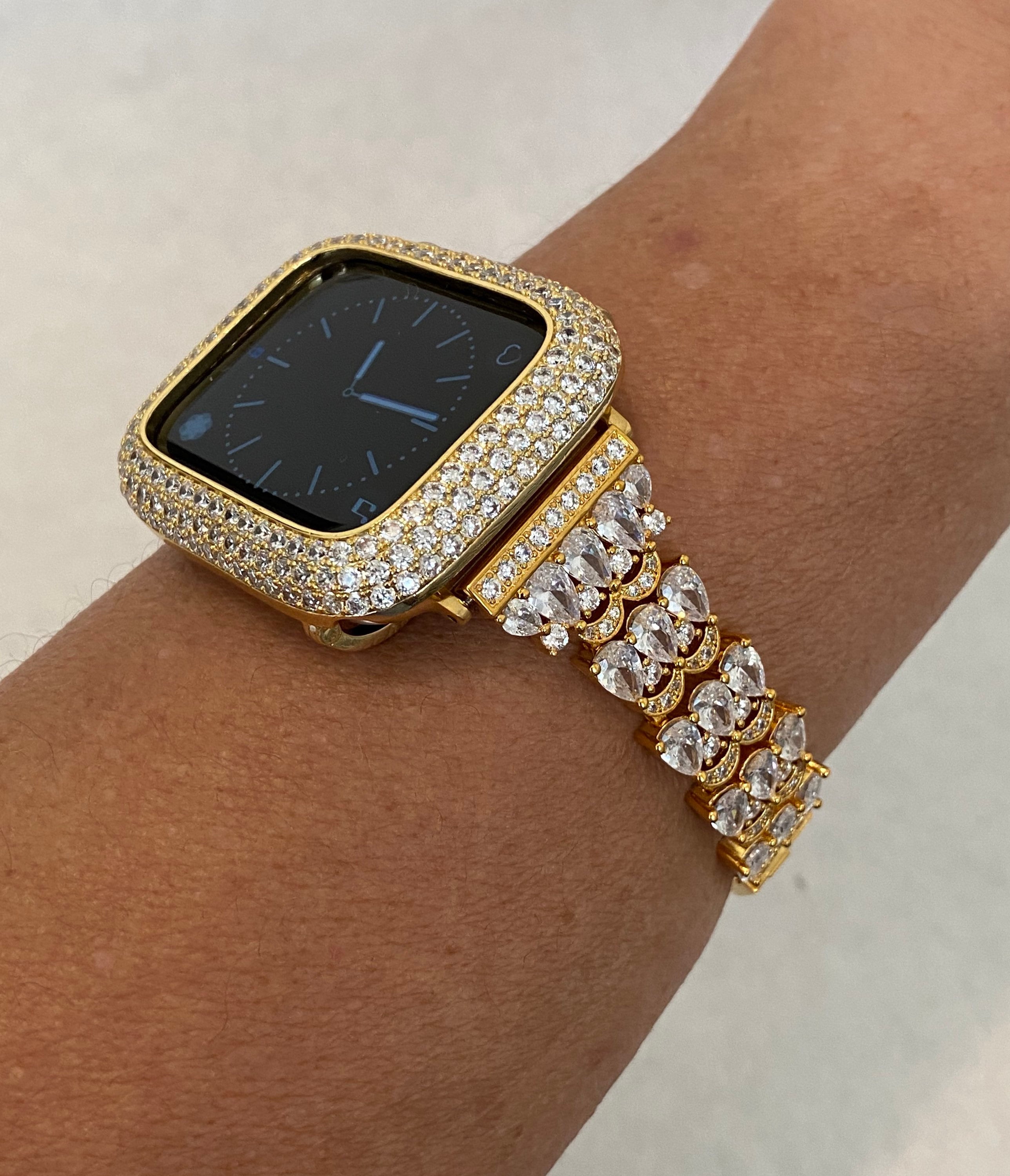 Apple Watch Band Women's Gold Swarovski Crystals 41mm 45mm 49mm Ultra & or Pave Lab Diamond Bezel Bumper Bling 38mm 40mm 42mm 44mm Han..