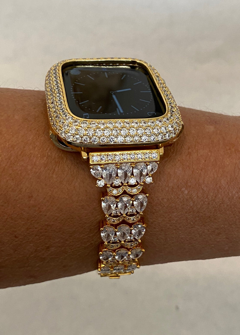 Gold Apple Watch Band 38mm-49mm Ultra Crystals & or Apple Watch Cover Lab Diamond Bezel Case Smartwatch Bumper Bling Gift for her