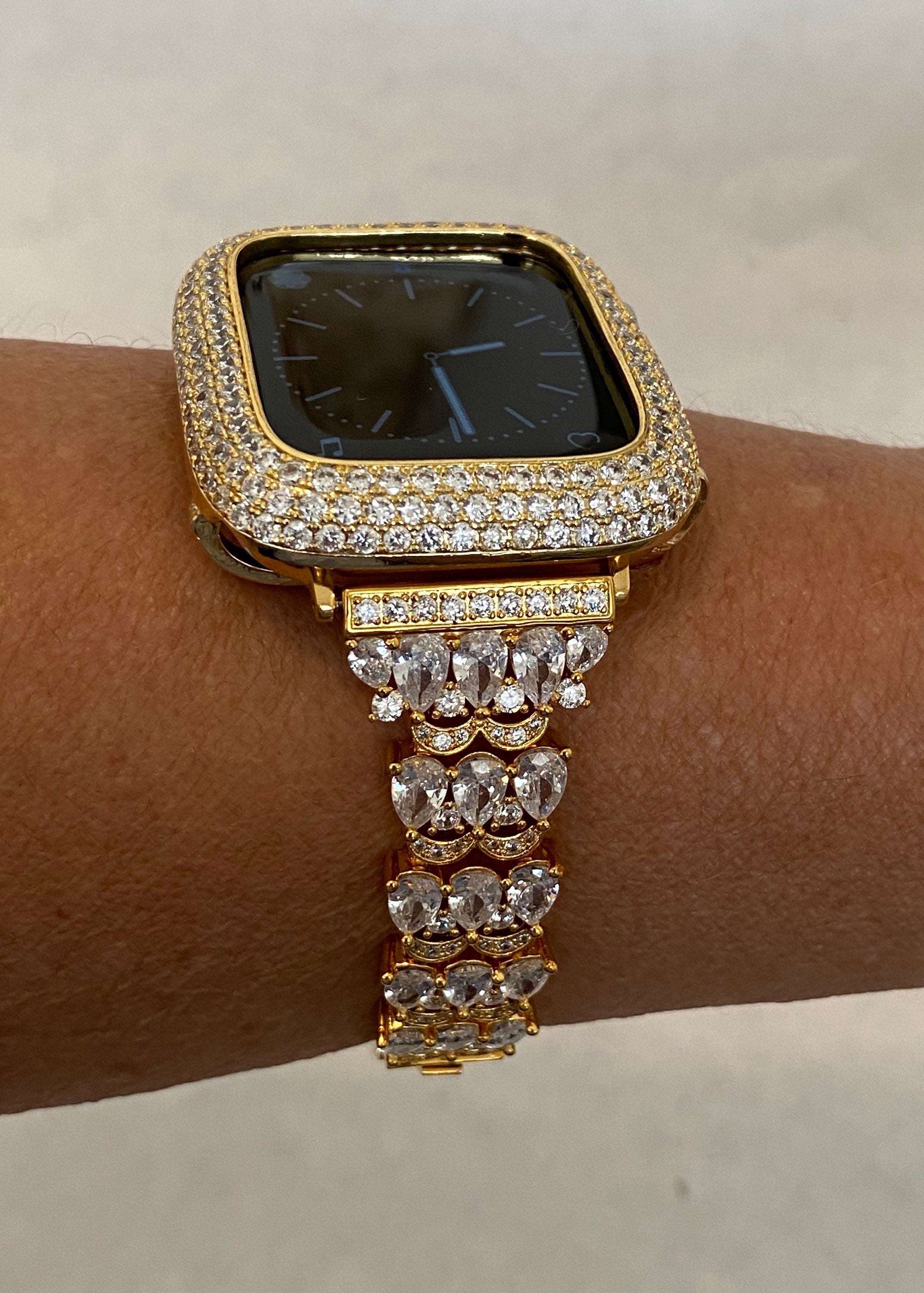 Apple Watch Band Women's Gold Swarovski Crystals 41mm 45mm 49mm Ultra & or Pave Lab Diamond Bezel Bumper Bling 38mm 40mm 42mm 44mm Han..