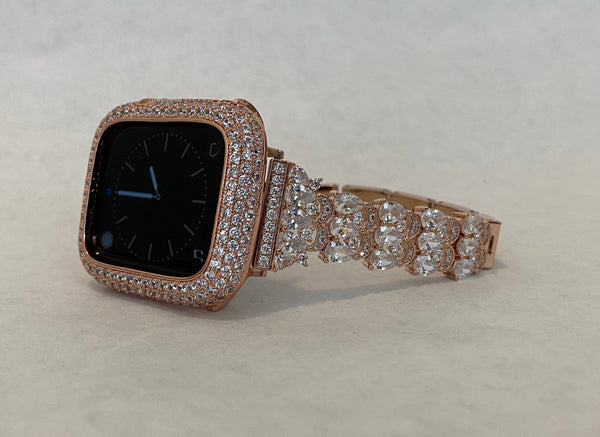 Series 1-8 Apple Watch Band 41mm 45mm Rose Gold & or Pave Lab Diamond Bezel Cover Smartwatch Bumper Bling 38mm-45mm