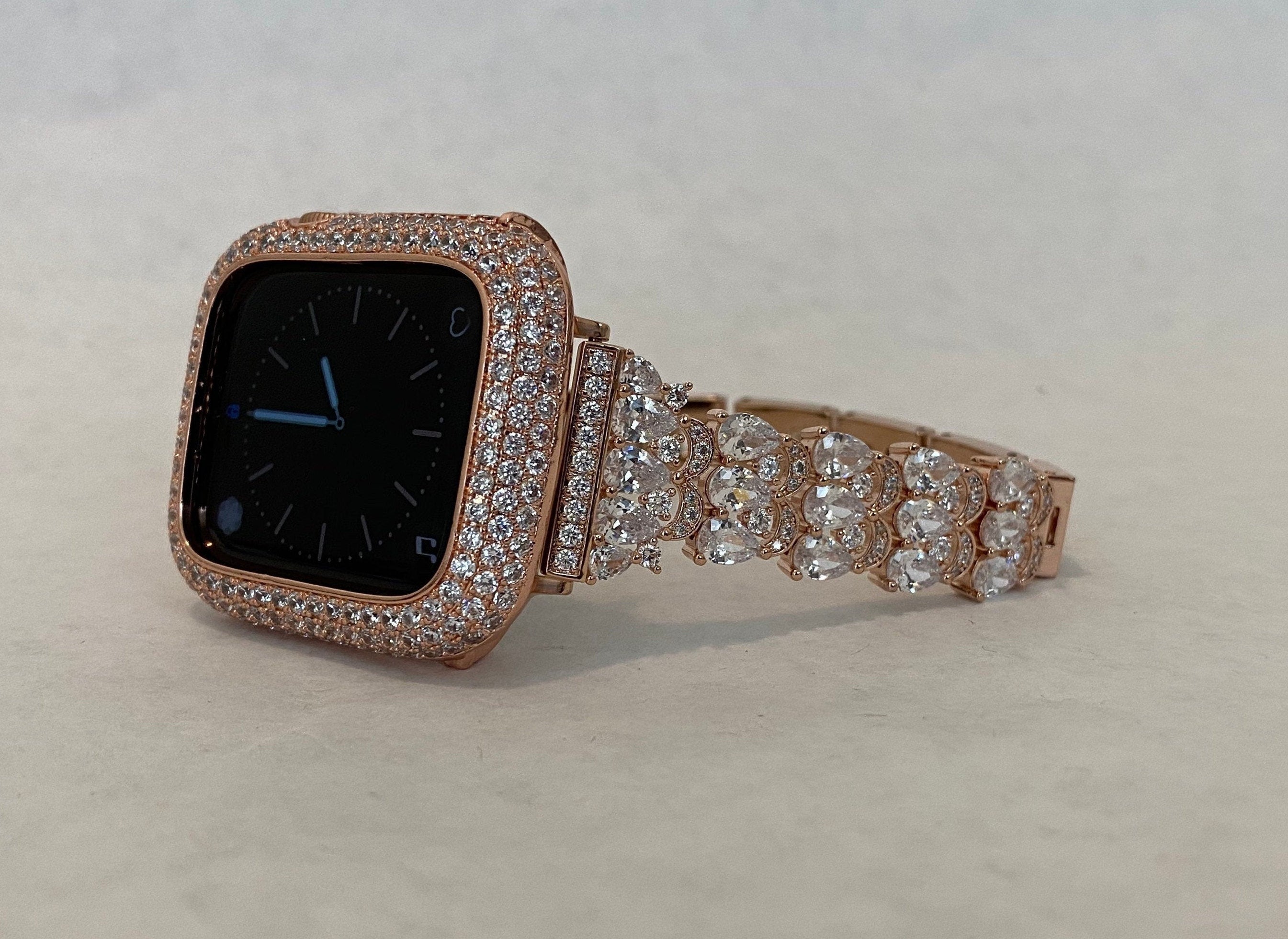 Apple Watch Band Rose Gold Crystals & or Apple Watch Cover Lab Diamond Bezel Case Smartwatch Bumper Case 38-49mm Ultra